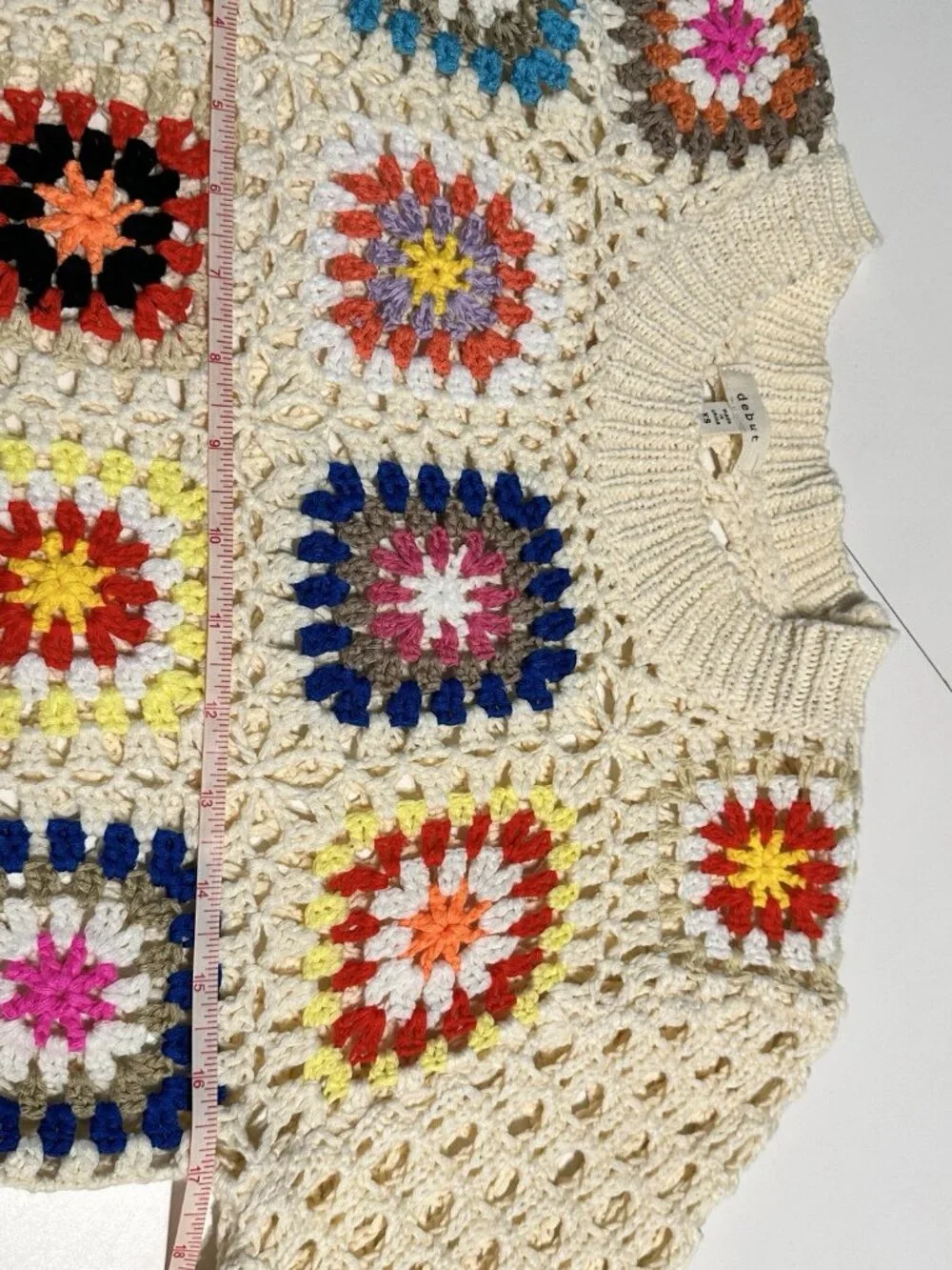 Debut Granny Square Crochet Pullover Sweater Cropped Open Knit Cream Flower XS